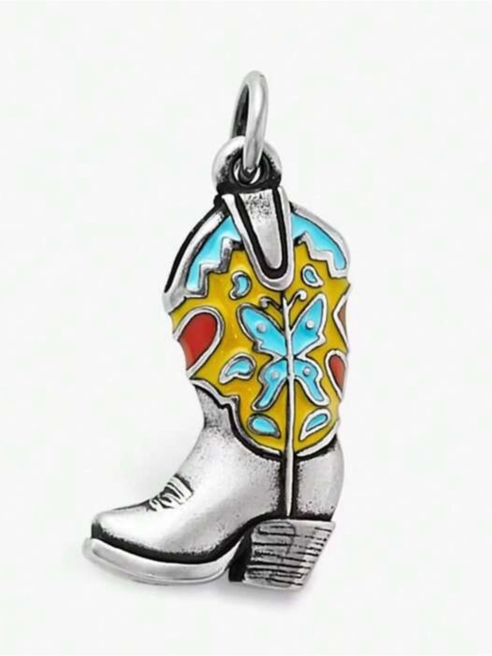 Cowboy Boot Charm Pendant in Sterling Silver with Yellow, Turquoise & Red Enamel